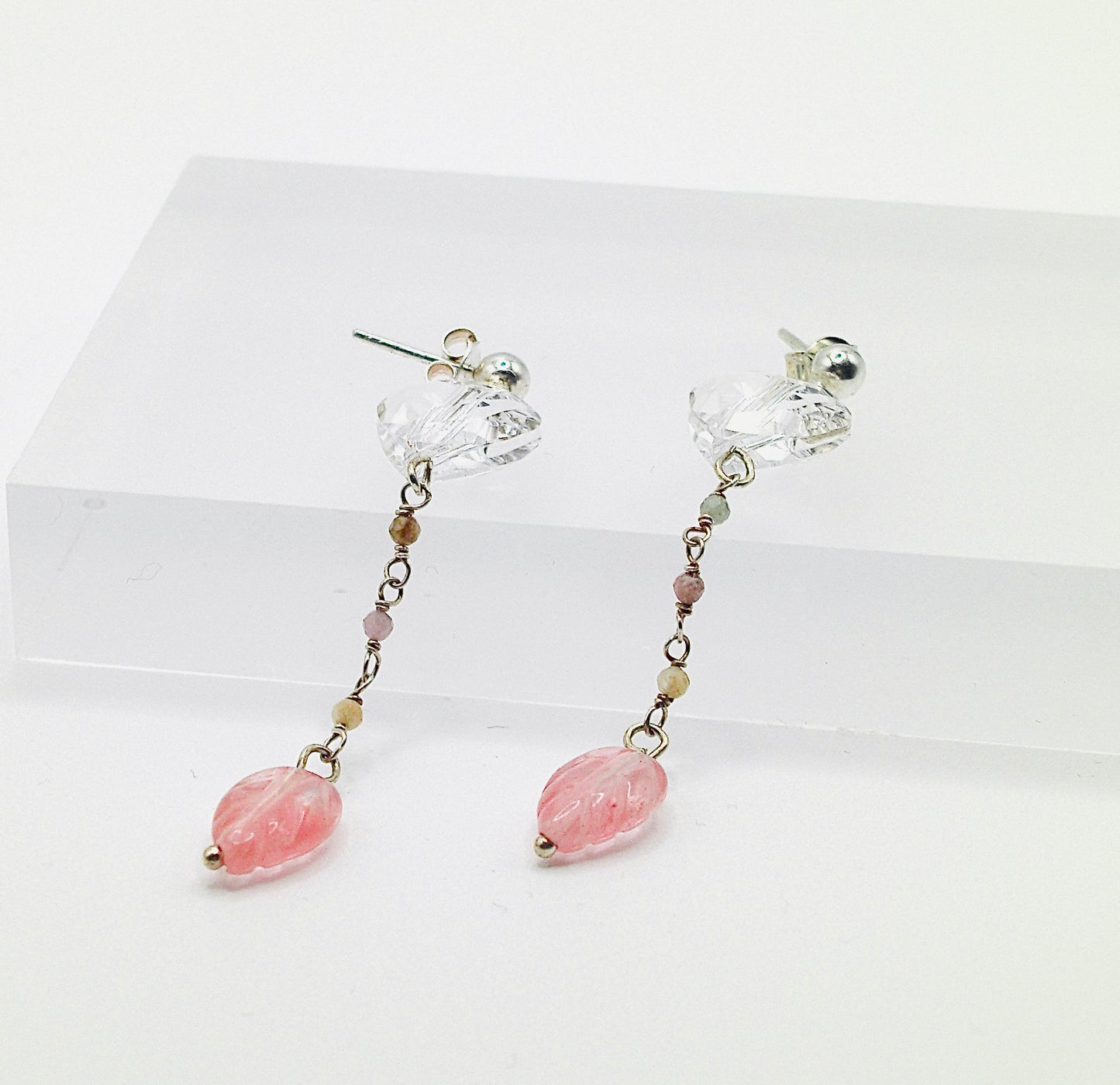 Crystal Hearts and Hard Stone Leaves Pendant Earrings