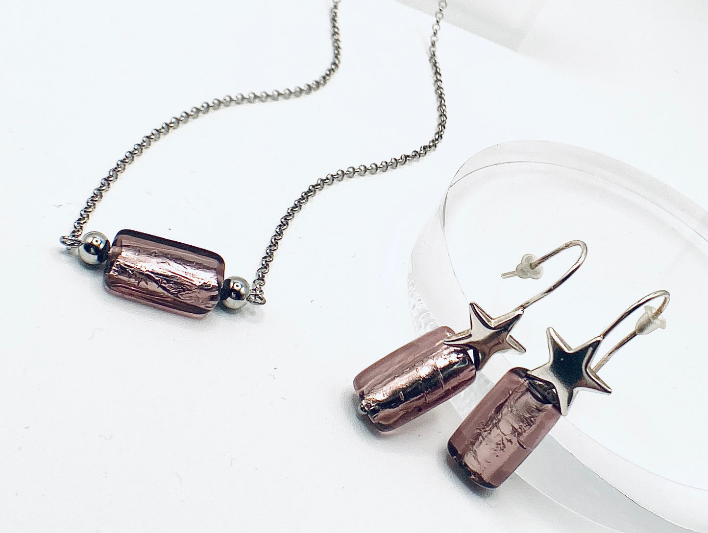Collana e orecchini in argento 925 e vetro
