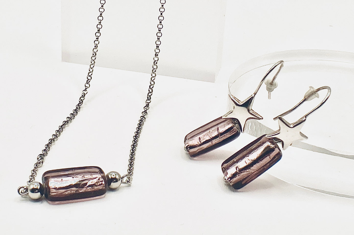Collana e orecchini in argento 925 e vetro