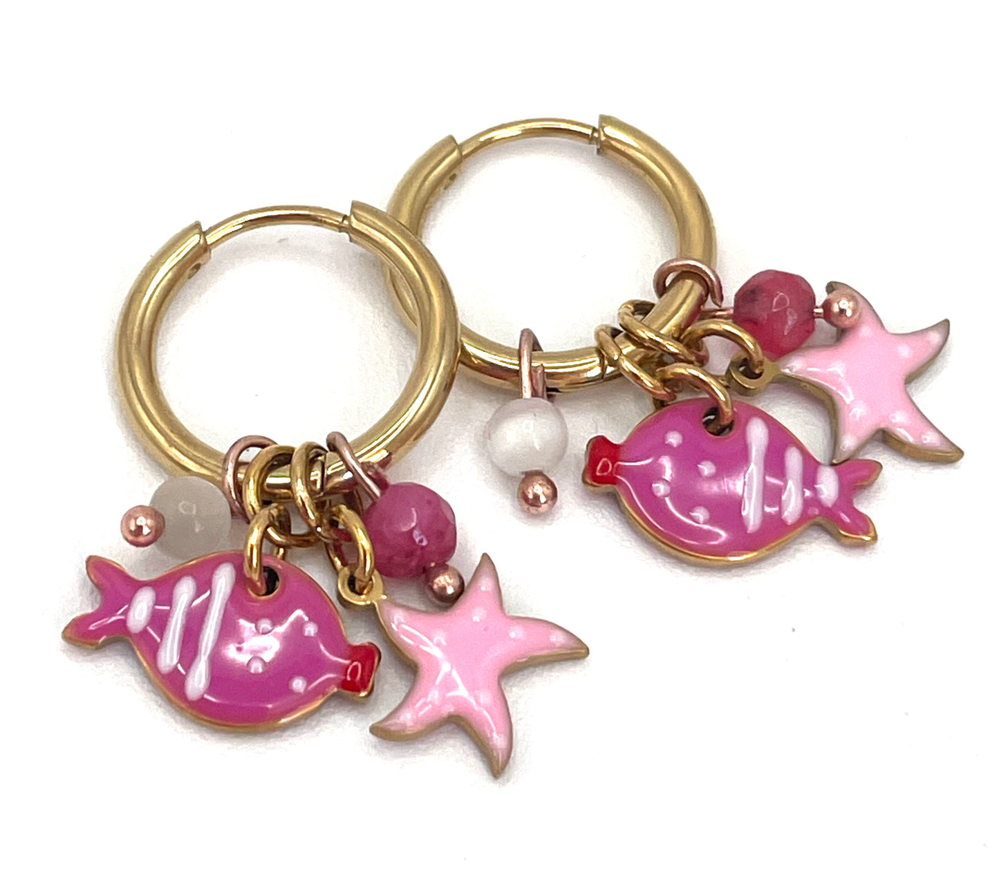 Orecchini Cerchio Pesce & Stella Marina | Acciaio Dorato