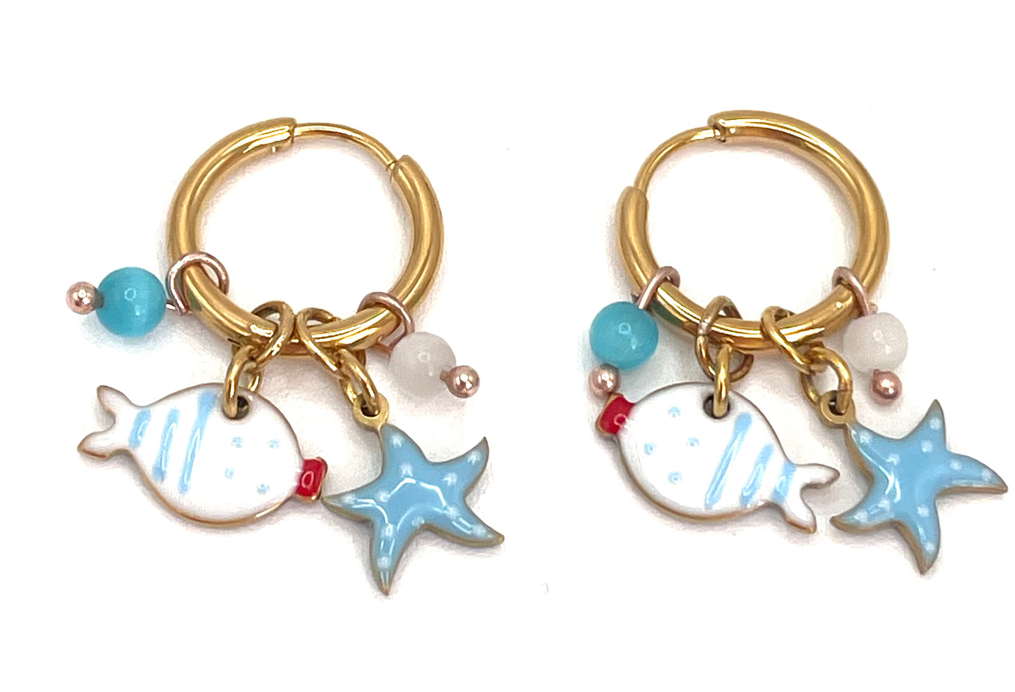 Orecchini Cerchio Pesce & Stella Marina | Acciaio Dorato