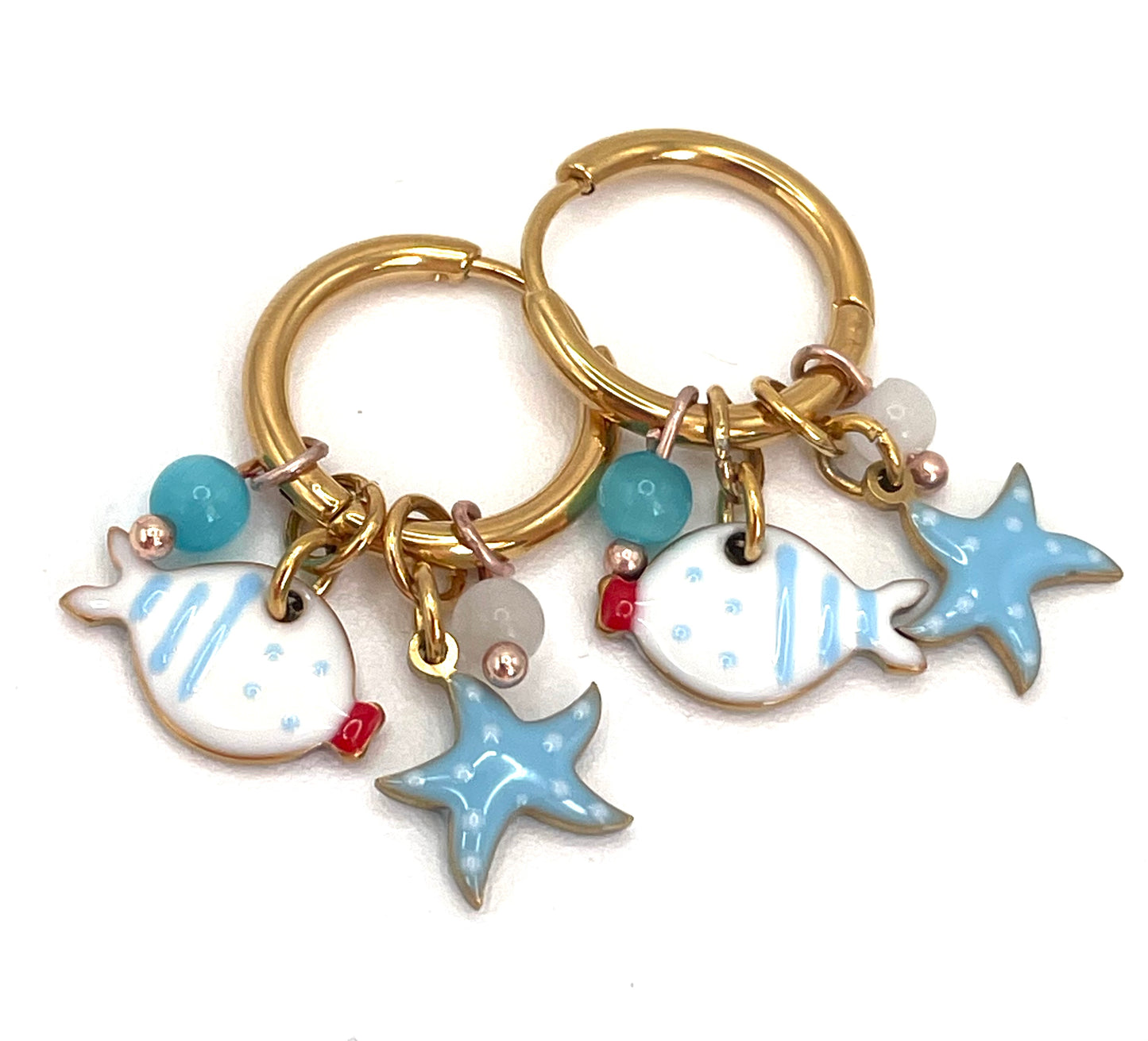Orecchini Cerchio Pesce & Stella Marina | Acciaio Dorato