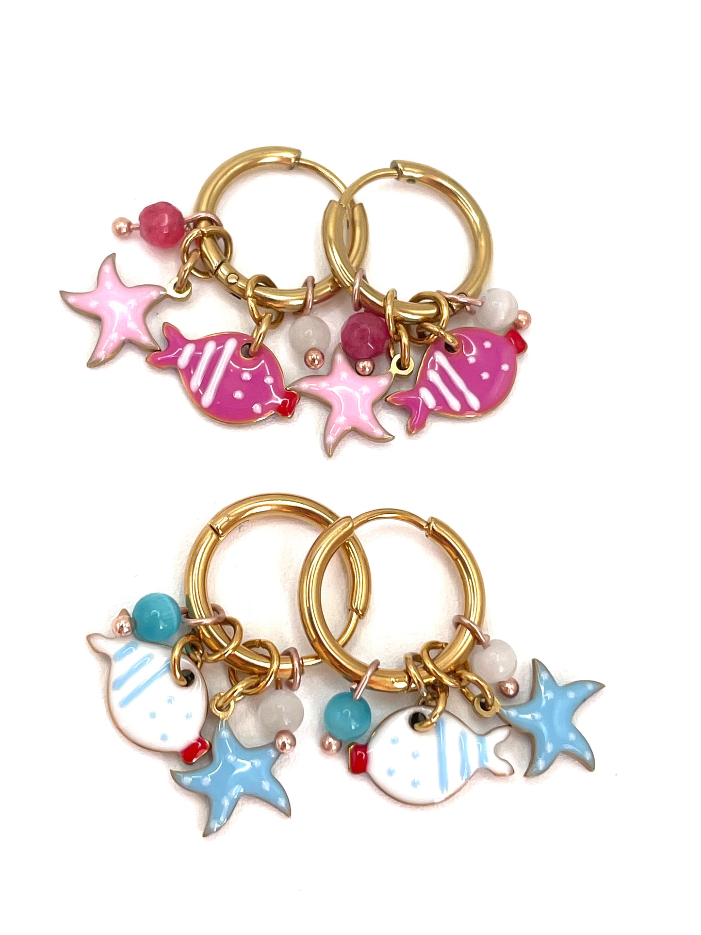 Orecchini Cerchio Pesce & Stella Marina | Acciaio Dorato
