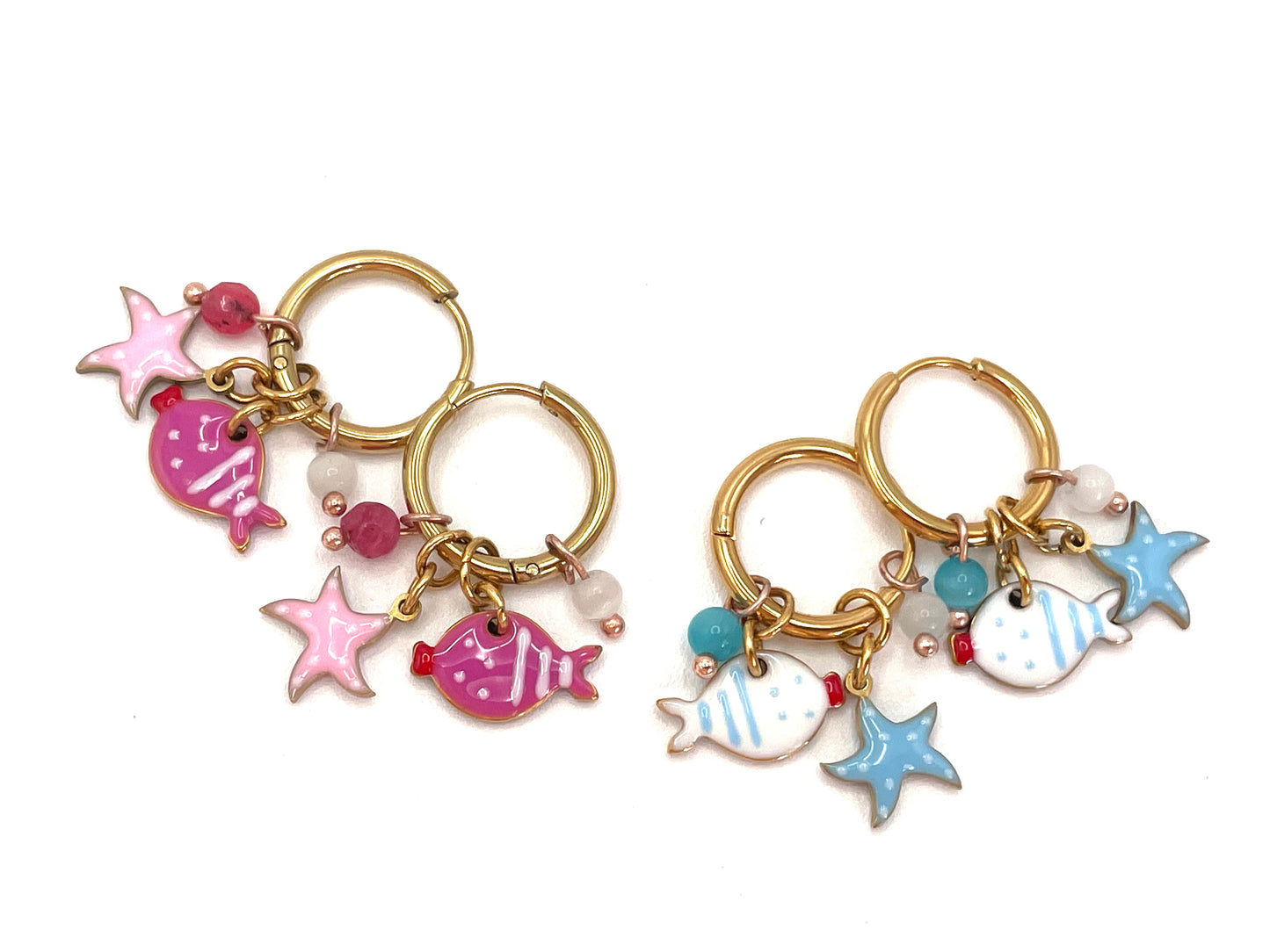 Orecchini Cerchio Pesce & Stella Marina | Acciaio Dorato