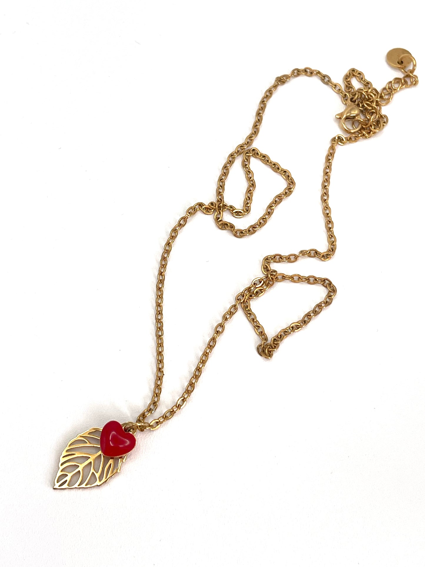 Collana Girocollo Foglia & Cuoricino | Acciaio Dorato