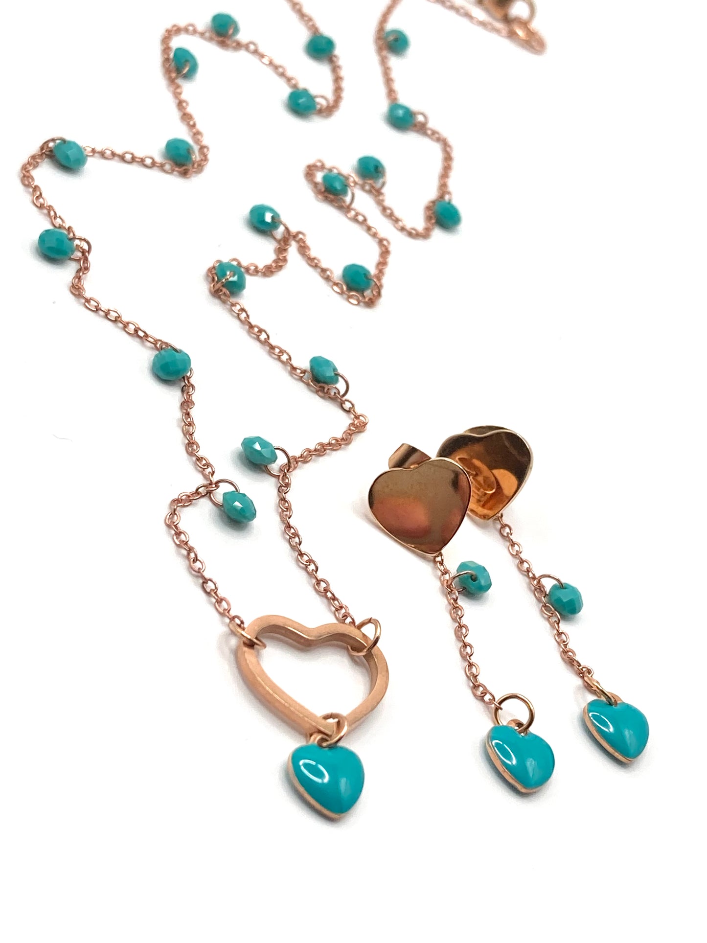 Collana e orecchini con cuori smaltati