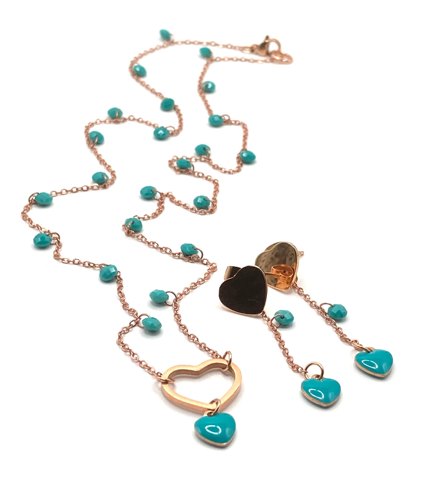 Collana e orecchini con cuori smaltati