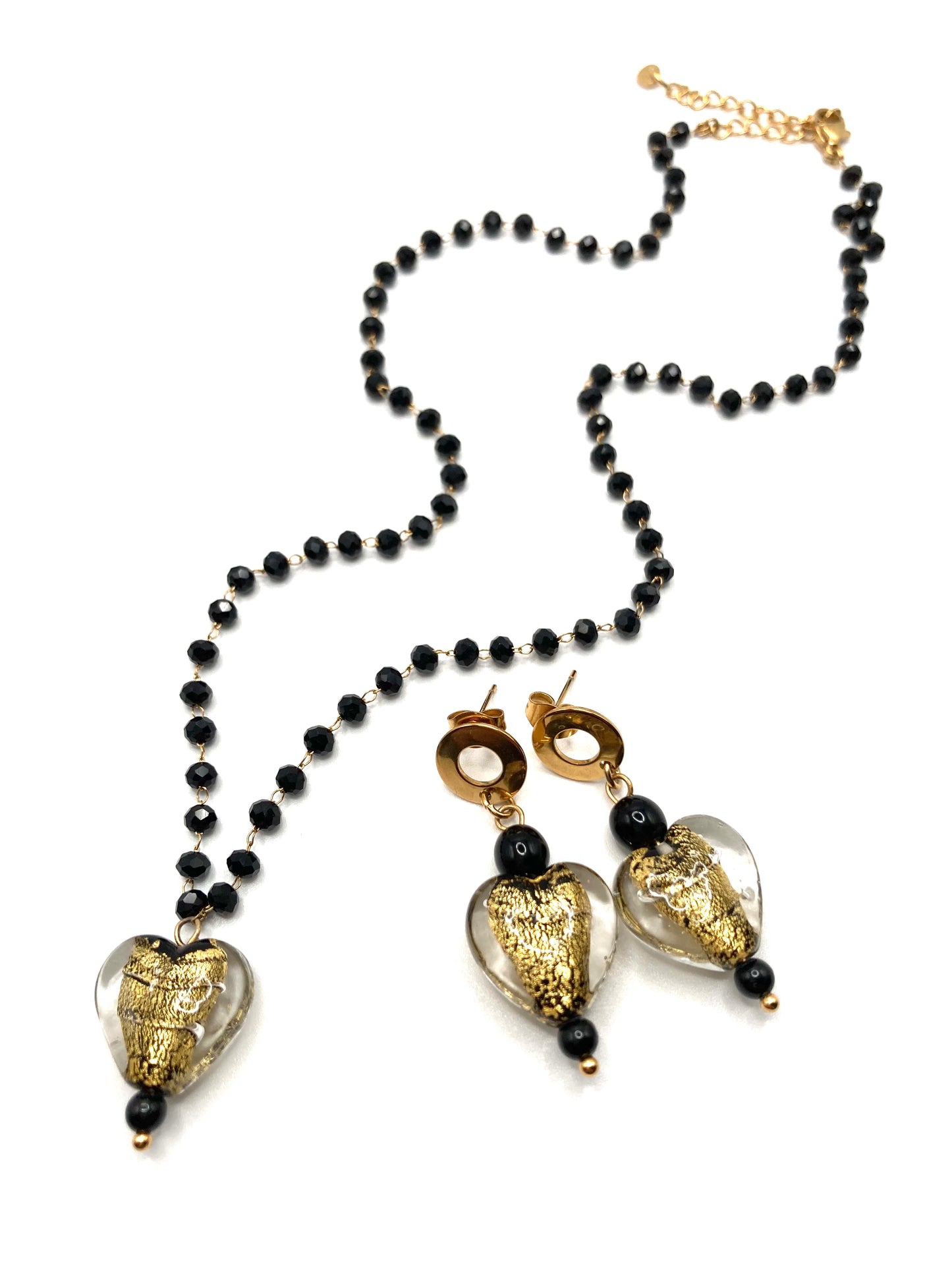 Collana e orecchini con cuore in vetro