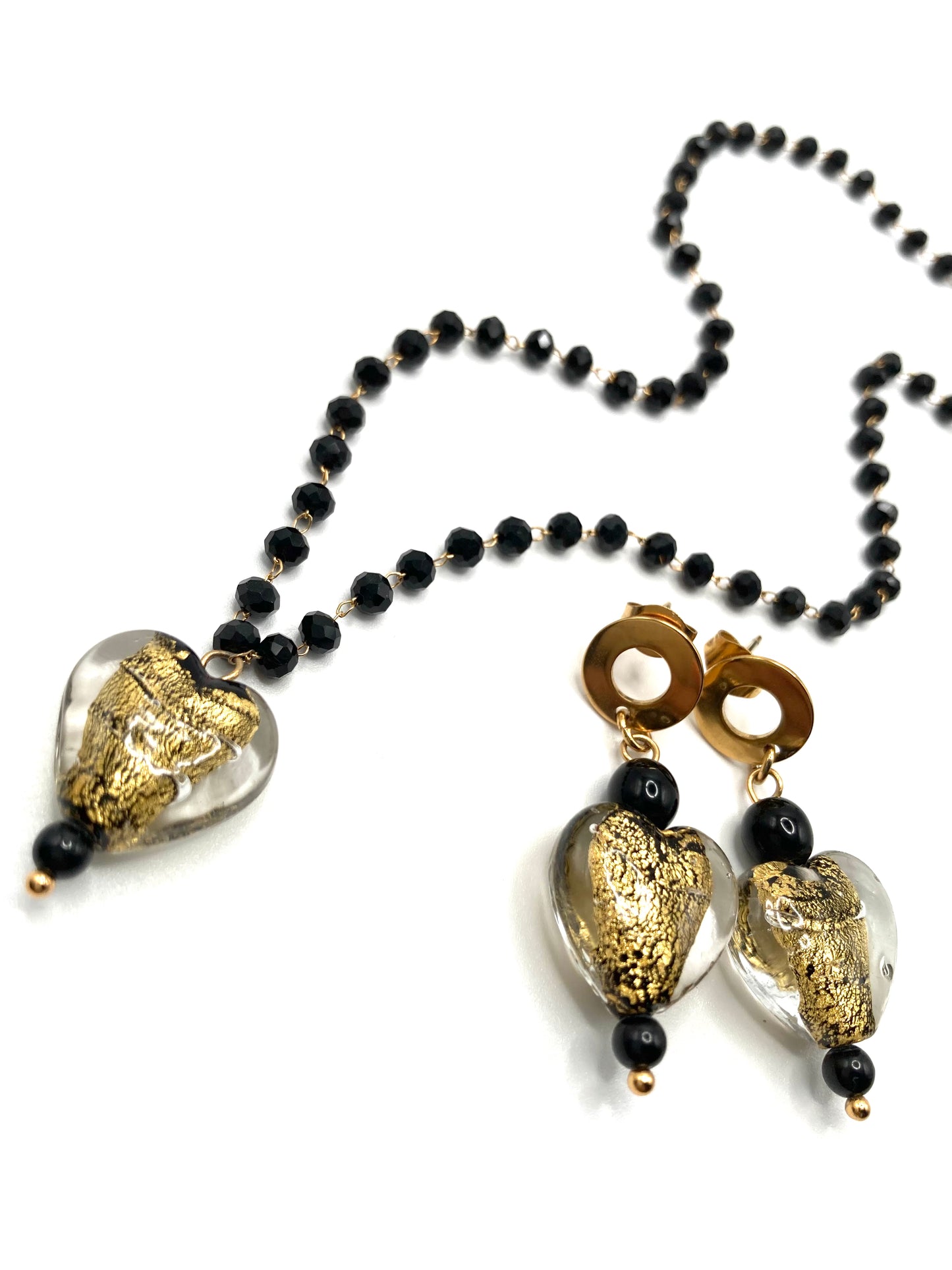 Collana e orecchini con cuore in vetro