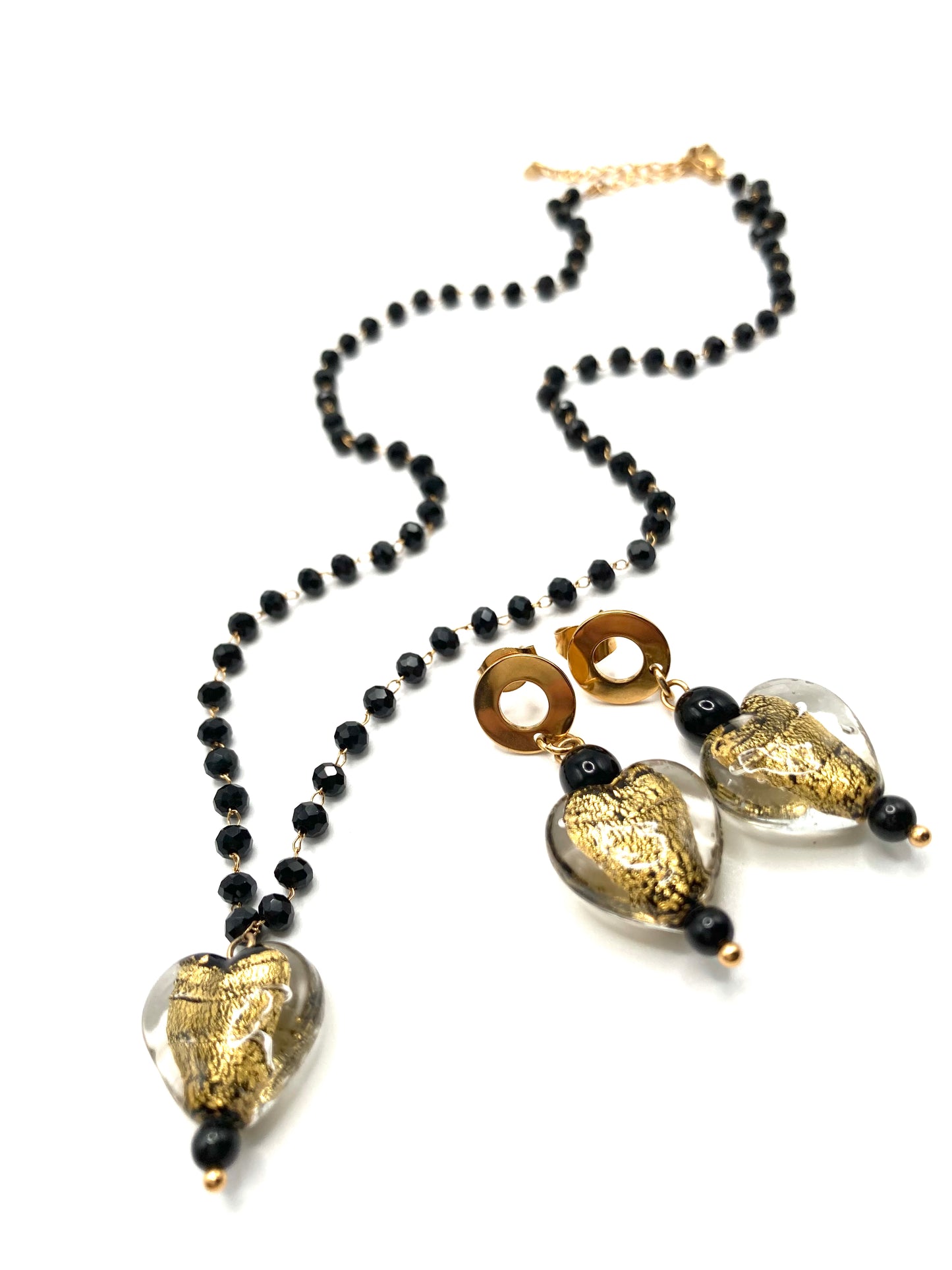 Collana e orecchini con cuore in vetro