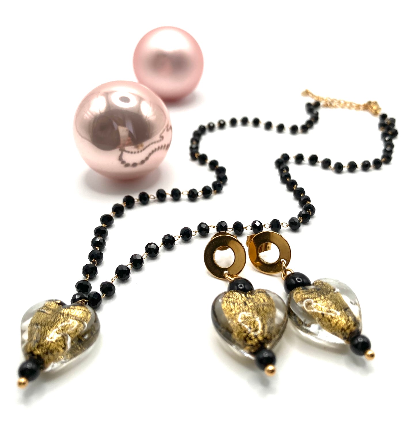 Collana e orecchini con cuore in vetro
